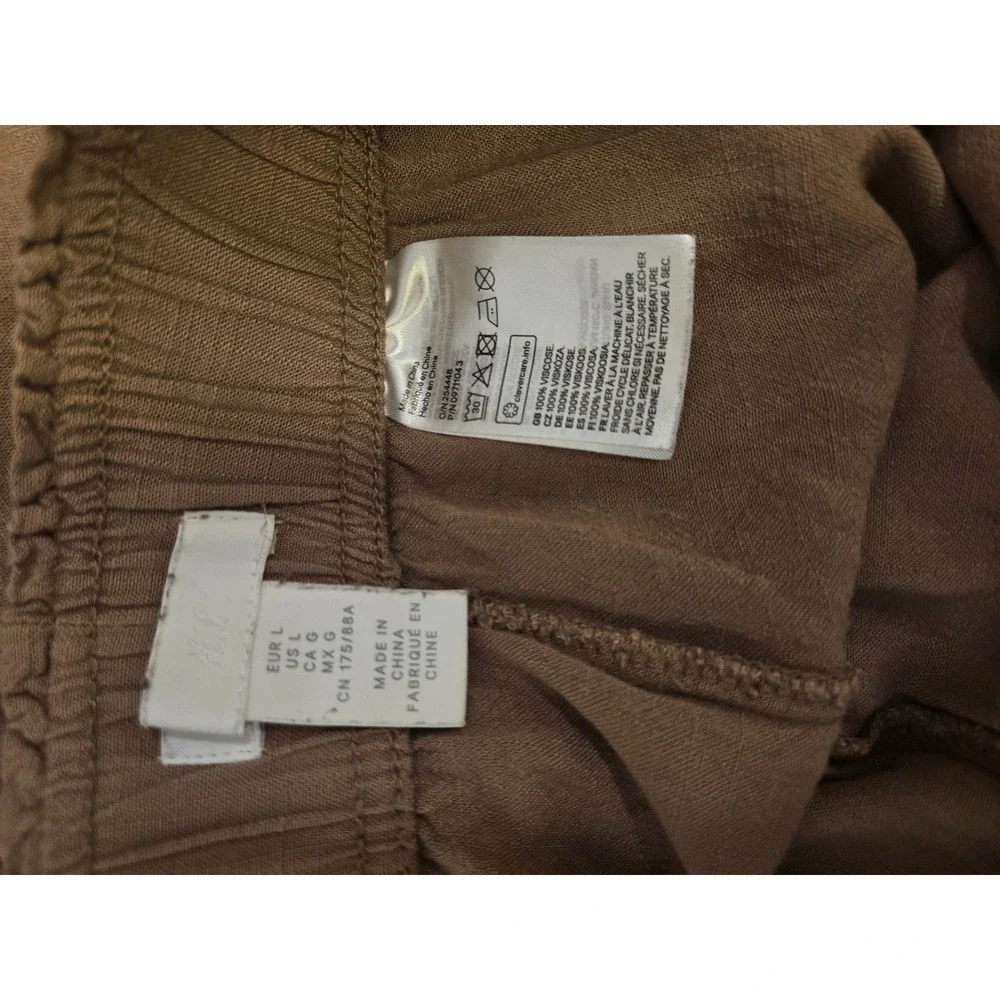 H&M Linen Blend Smocked Waist Wide Leg Pull On Crop Pants Tan L
